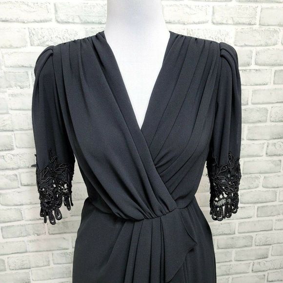 Vintage 80s 90s Ursula of Switzerland Black Surplice Faux Wrap Sheath Dress - Picture 2 of 10